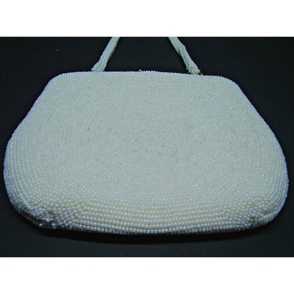 Vintage Seed Bead Mini Kiss Lock Bag Purse White Safco Evening Clutch Handbag 5" - Picture 2 of 13